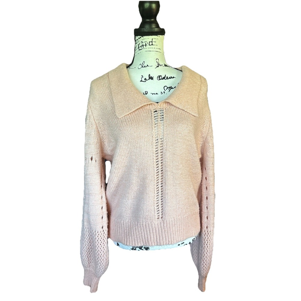 Design365 Pastel‎ Pink Crochet Sweater Big Collar Balloon Decorative Sleeves